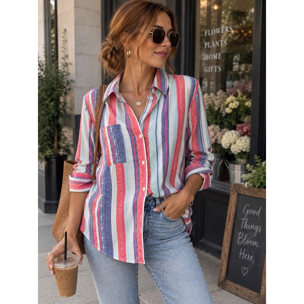 Akira Women's Pink Orange Stripe Button Front Shirt Long Sleeve Size L